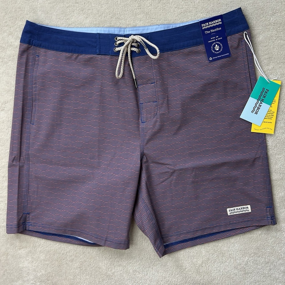 Fair Harbor The Nautilus Boardshorts Men's 38 Red Waves Swim Trunks Pockets